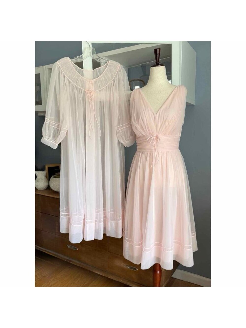 2pc Vintage Shadowline 60’s Pink Chiffon Nightgown Dress Peignoir Set